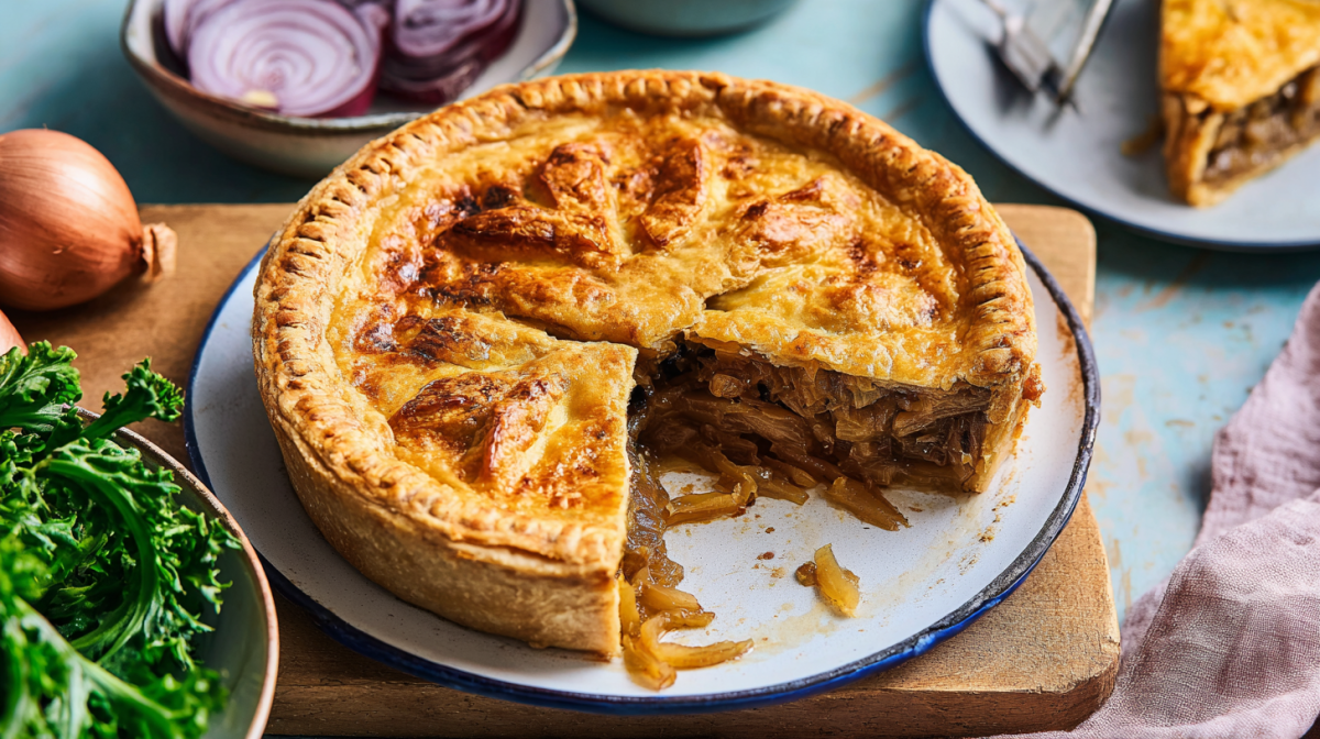 Ein Cheddar-Pie mit karamellisierten Zwiebeln.