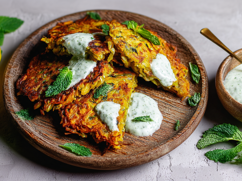 Ein Holzbrett mit Curry-Spitzkohl-Pancakes, garniert mit frischem Joghurt und Kräutern. Daneben steht eine Schale mit Dip.