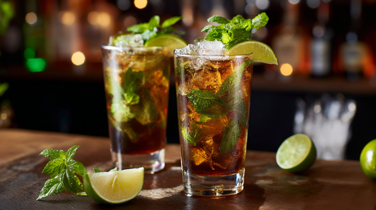 Zwei Gläser mit Dark Mojito vor einer Bar-Szene. Als Deko liegen frische Minze und Limettenspalten herum.