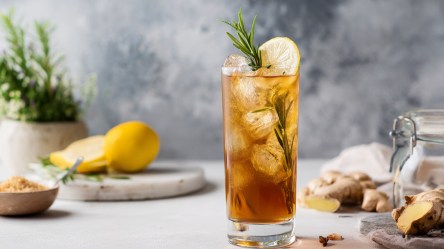 Ein Glas Earl Grey Ginger Spritz, der mit einer Scheibe Zitrone und einem Zweig Rosmarin garniert ist. Im Hintergrund kann man Zitronen und Ingwerwurzeln, genauso wie einen Topf mit frischem Rosmarin erkennen.
