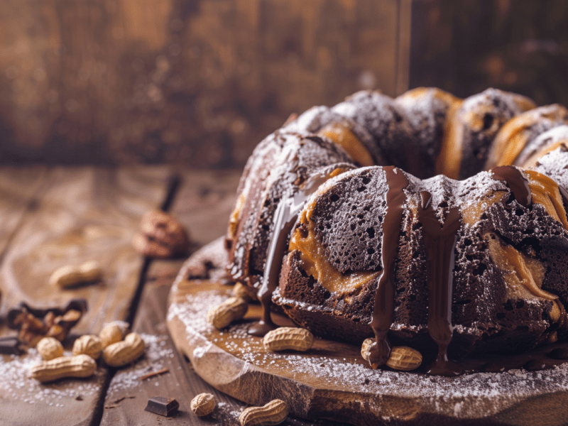 Erdnussbutter-Brownie-Gugelhupf auf einem Brett angerichtet. Ganze Erdnüsse und Schokolade liegen als Deko außen herum.