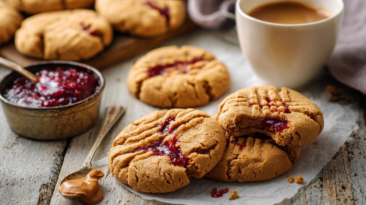 Einige Erdnussbutter-Marmeladen-Cookies, die auf einem kleinen Stück weißem Backpapier auf einem rustikalen Holztisch liegen. Außerdem kann man einen Löffel mit Erdnussbutter, eine Schale mit Marmelade und eine Tasse Milchkaffee erkennen.
