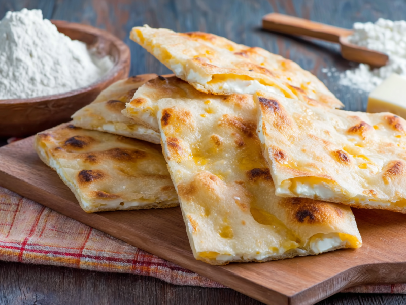 Einige Stücke Focaccia di Recco auf einem Holzbrett.