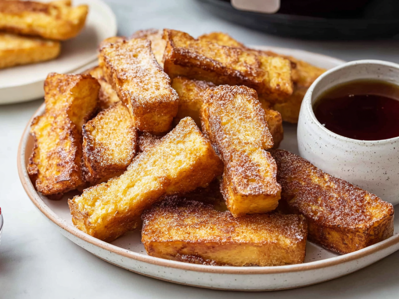French Toast Sticks aus dem Airfryer auf einem Teller mit Ahornsirup.