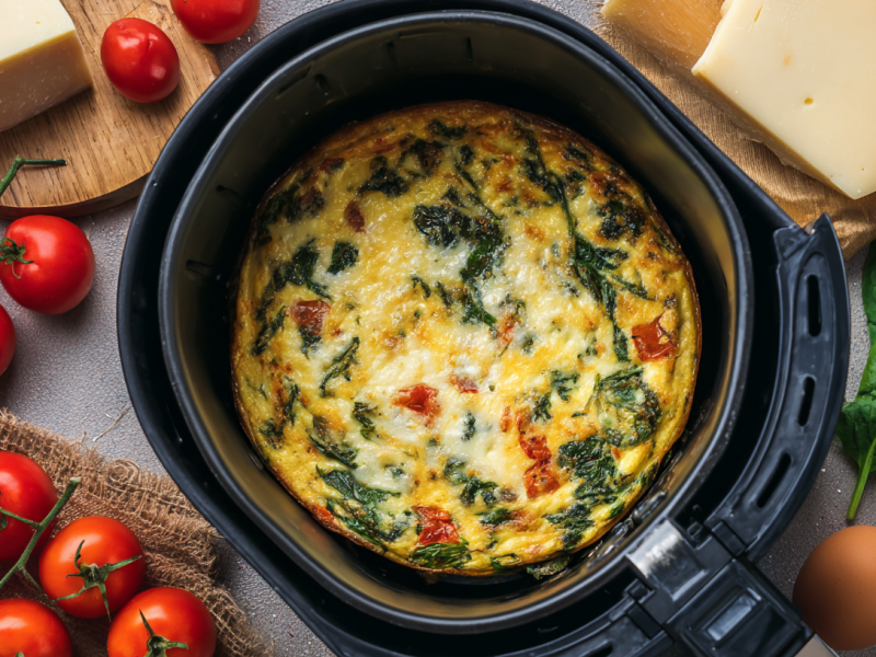 Frittata aus dem Airfryer in einem Frittierkorb.