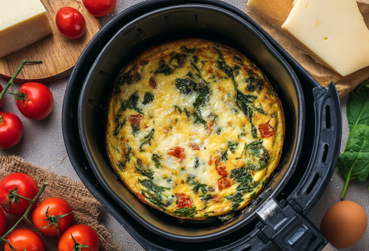 Frittata aus dem Airfryer in einem Frittierkorb.