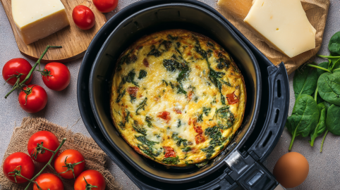 Frittata aus dem Airfryer in einem Frittierkorb.
