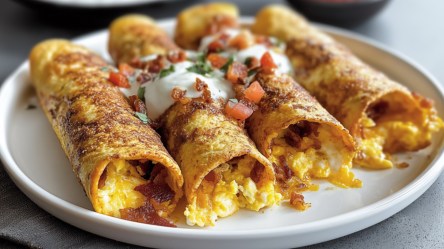 Vier Frühstücks-Taquitos, die nebeneinander auf einem Teller liegen.