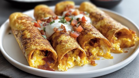 Vier Frühstücks-Taquitos, die nebeneinander auf einem Teller liegen.