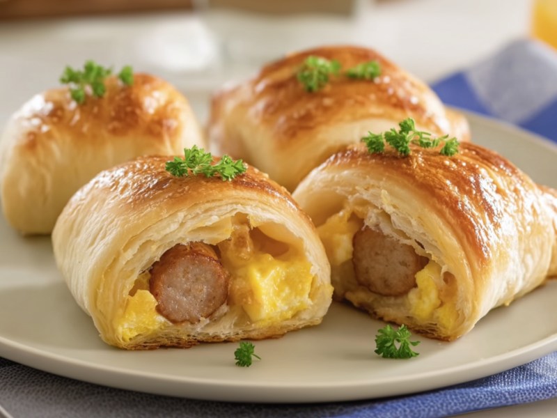 4 Frühstücksrollen mit Wurst und Ei auf einem teller.