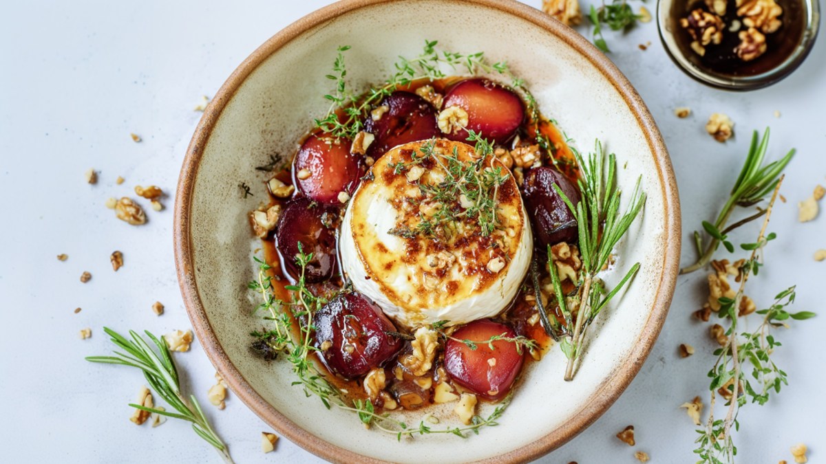 Ein Teller mit gebackenen Pflaumen und Ofen-Camembert.