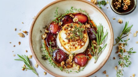 Ein Teller mit gebackenen Pflaumen und Ofen-Camembert.