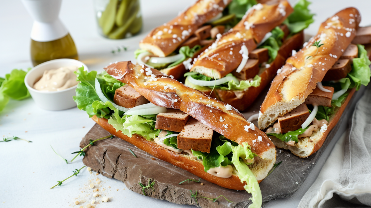 Vier gefüllte Laugenstangen auf einem Brett. Im Hintergrund sieht man ein wenig Soße, eingelegte Gurken und eine Flasche mit Öl.