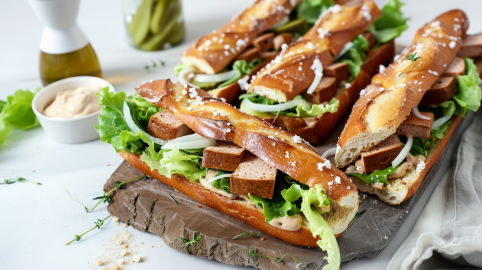 Vier gefüllte Laugenstangen auf einem Brett. Im Hintergrund sieht man ein wenig Soße, eingelegte Gurken und eine Flasche mit Öl.