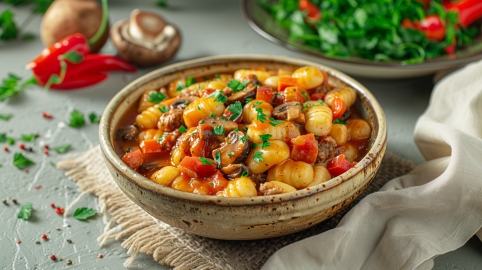 Eine Schale Hackfleisch-Gncocchi-Eintopf auf einer kleinen Unterlage auf einem grauen Untergrund. Im Hintergrund sieht man frische Kräuter, Chili und Champignons.