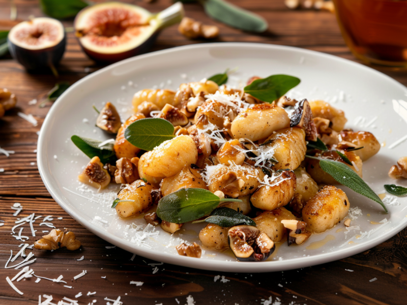 Ein Teller voller Gnocchi mit Birnen und getrockneten Feigen. Daneben liegen einige frische Feigen und etwas Parmesan als Dekoration.
