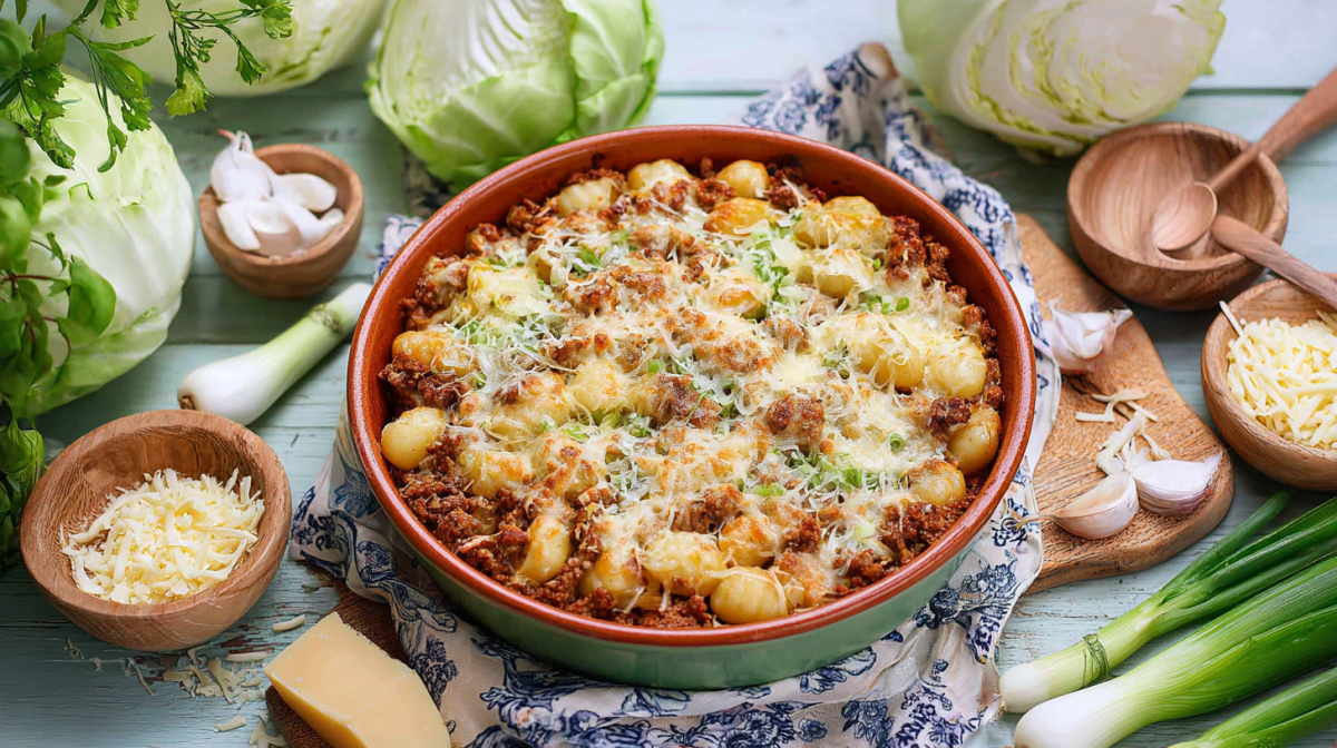 Eine Auflaufforn mit Spitzkohl-Gnocchi-Auflauf mit Hackfleisch.