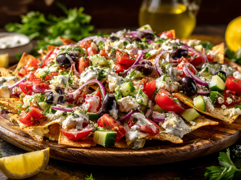 Griechische Nachos, angerichtet auf einem großen, runden Brett. Als Deko liegt eine Zitronenspalte und frische Kräuter um das Brett.