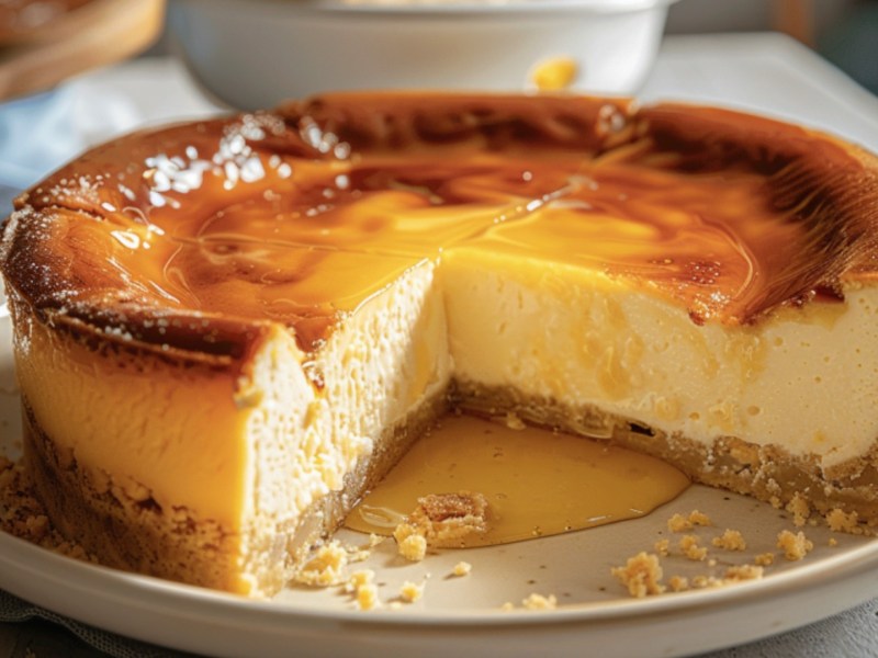 Ein angeschnittener griechischer Honigkuchen auf einem runden Teller.