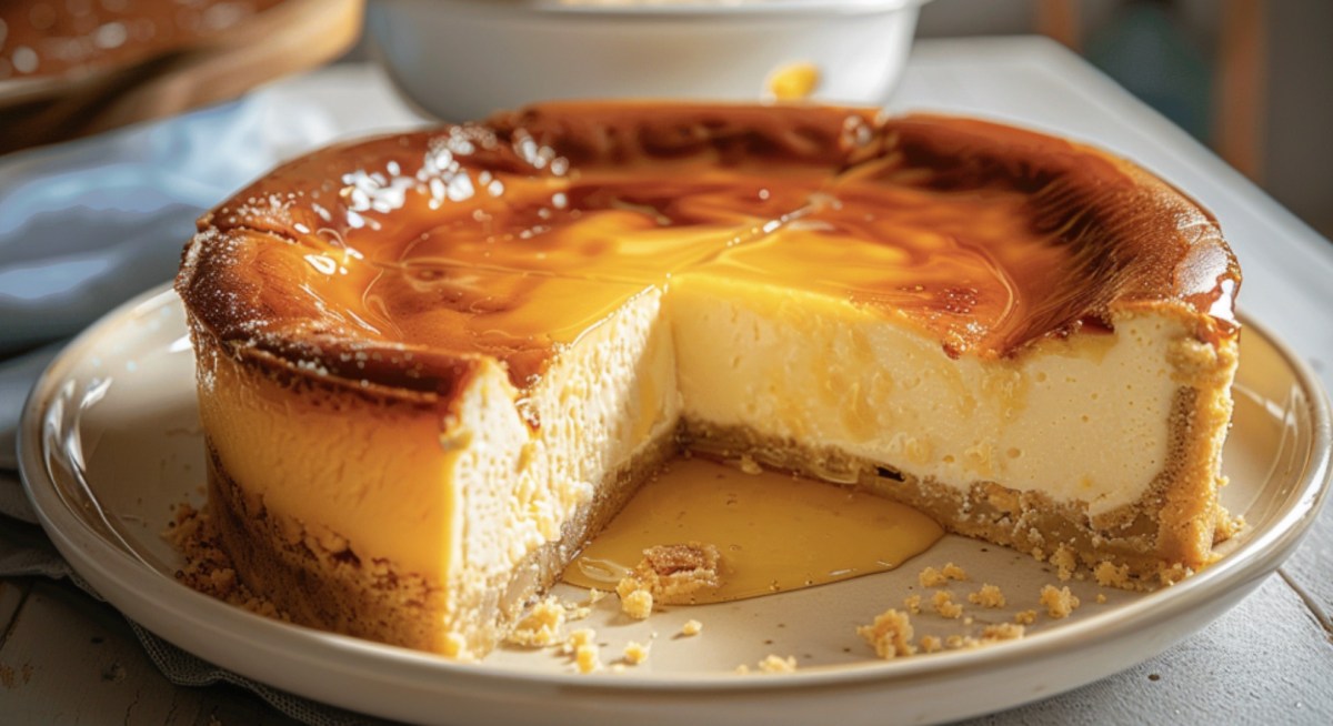 Ein angeschnittener griechischer Honigkuchen auf einem runden Teller.