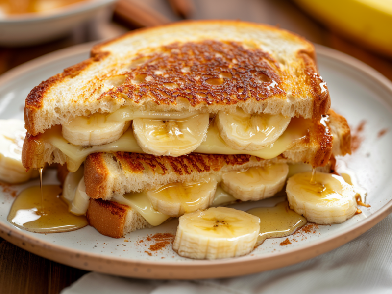 Ein Teller mit einem Grilled Cheese Sandwich mit Banane und Honig. Im Hintergrund ist eine Banane zu sehen.