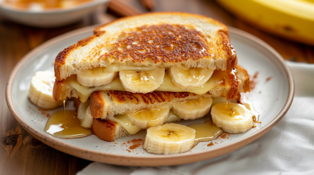 Ein Teller mit einem Grilled Cheese Sandwich mit Banane und Honig. Im Hintergrund ist eine Banane zu sehen.