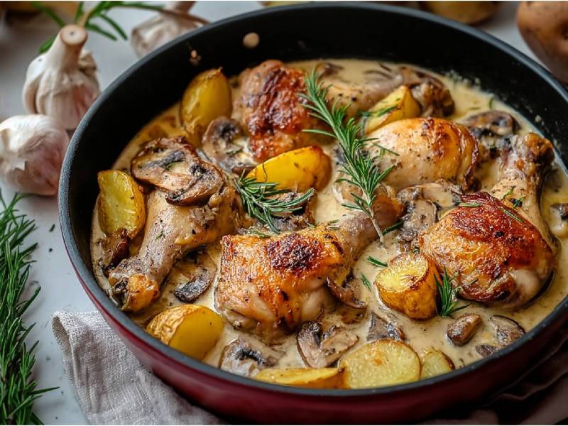 Pfanne mit Hähnchen in Champignon-Weißweinsoße