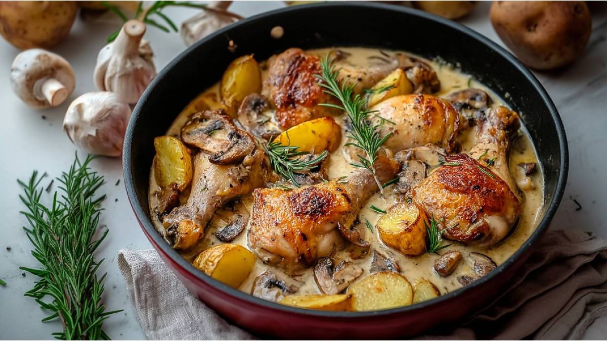 Pfanne mit Hähnchen in Champignon-Weißweinsoße