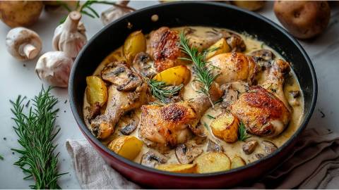 Pfanne mit Hähnchen in Champignon-Weißweinsoße