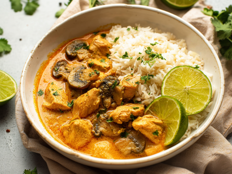 Eine Schüssel Hähnchen-Pilz-Curry, serviert mit Limetten.
