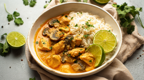 Eine Schüssel Hähnchen-Pilz-Curry, serviert mit Limetten.