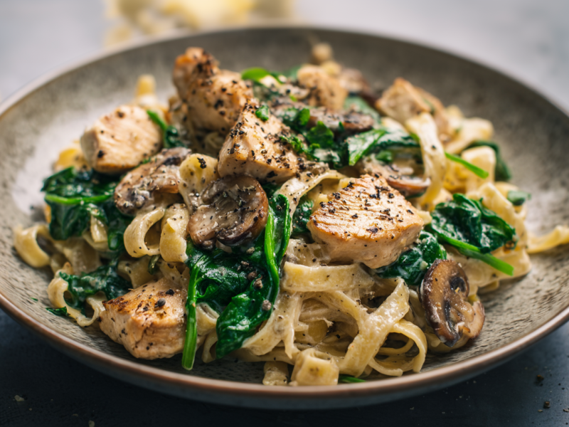 Ein Teller Hähnchen-Spinat-Tagliatelle mit Champignons auf einem neutralen Untergrund. Das Gericht ist mit angebratenen Hähnchenstücken, Pilzen und Spinat serviert.