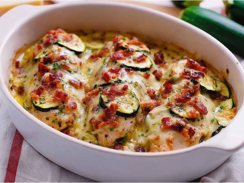 Auflaufform mit überbackener Hähnchenbrust mit Zucchini und Speck