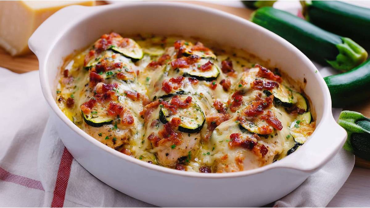 Auflaufform mit überbackener Hähnchenbrust mit Zucchini und Speck