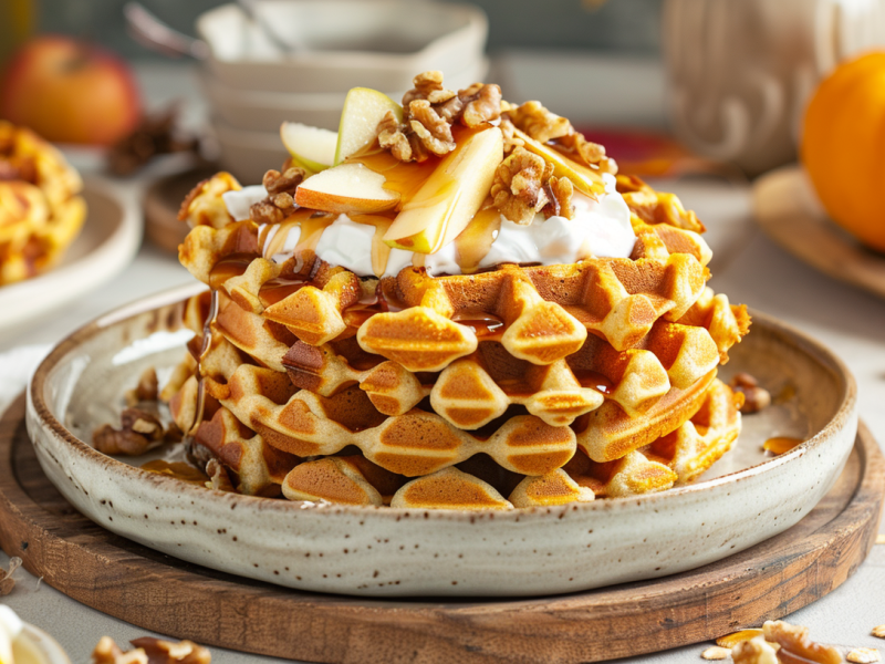Haferflocken-Kürbis-Waffeln auf einem grauen Teller gestapelt. Sie sind mit griechischem Joghurt sowie Apfelspalten, Walnüssen und Ahornsirup garniert.