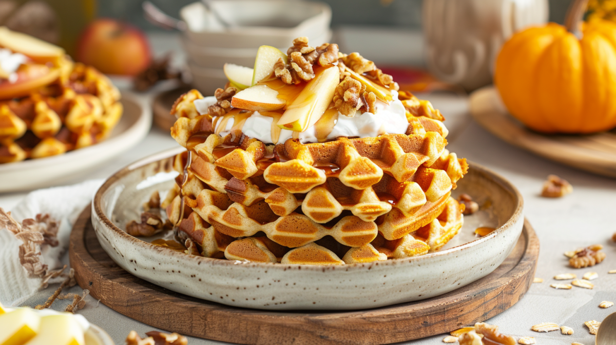 Haferflocken-Kürbis-Waffeln auf einem grauen Teller gestapelt. Sie sind mit griechischem Joghurt sowie Apfelspalten, Walnüssen und Ahornsirup garniert.