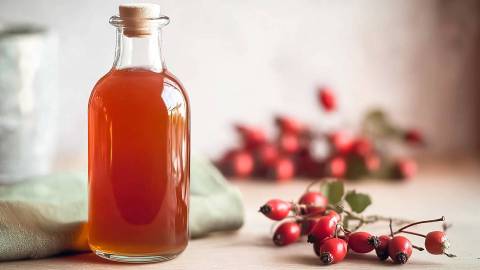 Flasche mit Hagebutten-Sirup und Hagebutten daneben