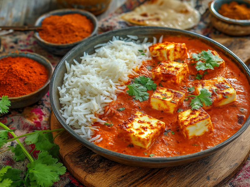 Ein Teller mit Halloumi Makhani auf einem Holzuntersetzer. Um das Gericht herum sind mehrere kleine Schalen mit Gewürzen verteilt. Links neben dem Teller liegt frischer Koriander.