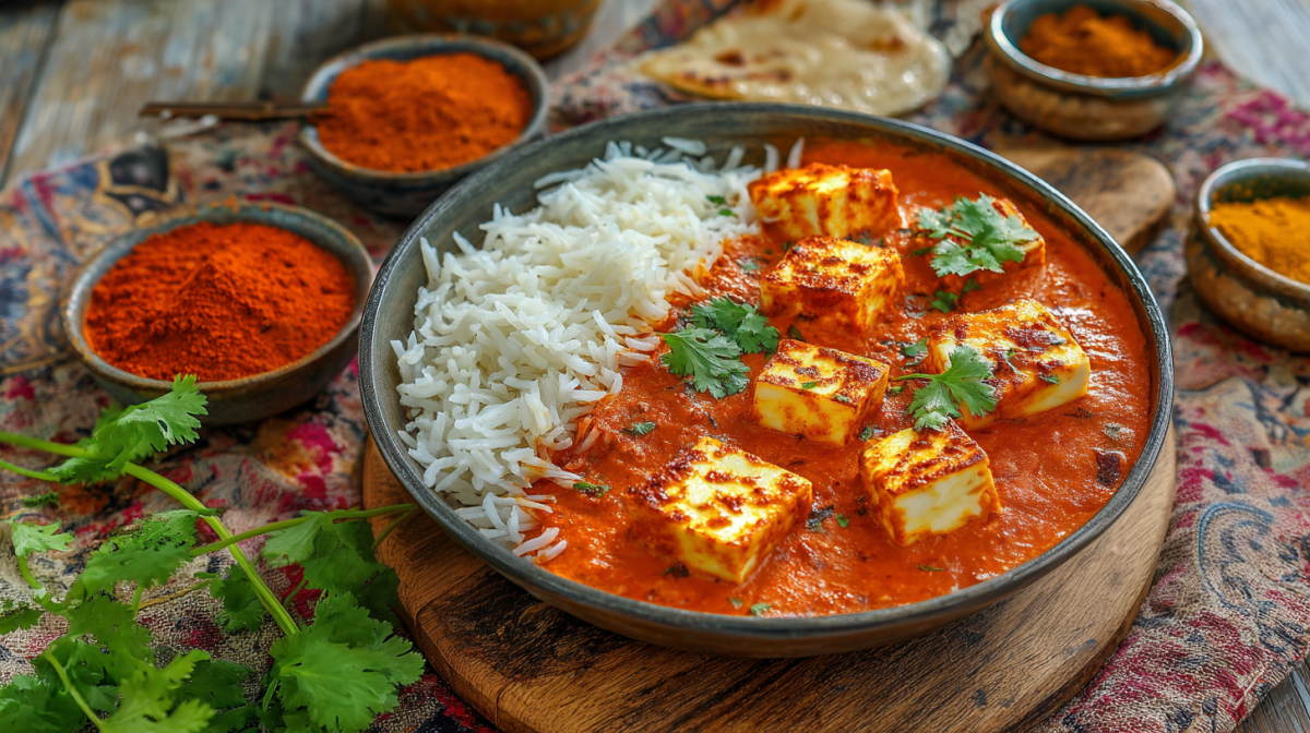 Ein Teller mit Halloumi Makhani auf einem Holzuntersetzer. Um das Gericht herum sind mehrere kleine Schalen mit Gewürzen verteilt. Links neben dem Teller liegt frischer Koriander.