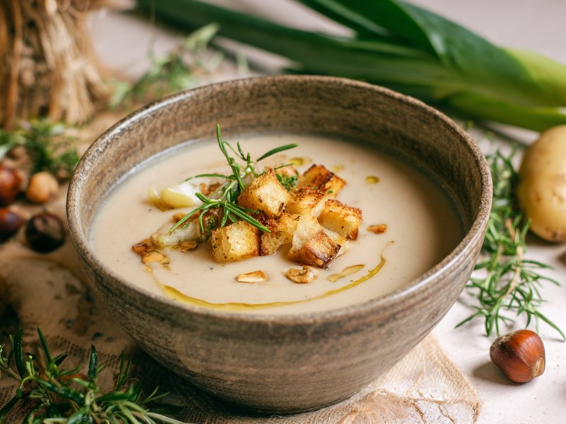 Eine Schüssel mit Haselnuss-Suppe, die mit einigen Croutons und mit etwas frischem Rosmarin garniert ist. Ringsum liegen Kartoffeln, Lauch, Haselnüsse sowie Rosmarin und Knoblauch herum.
