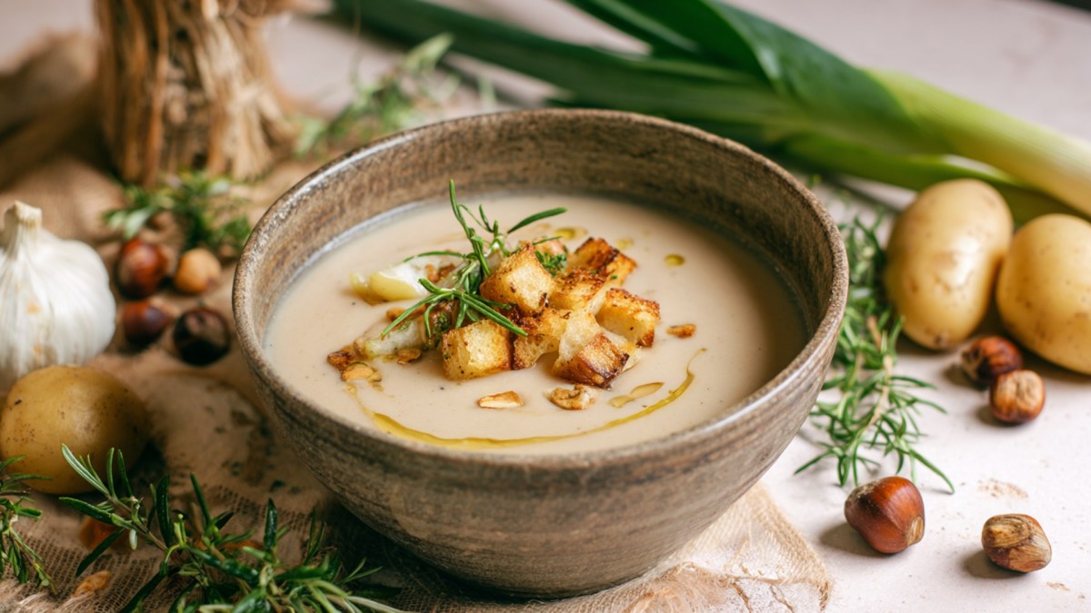 Eine Schüssel mit Haselnuss-Suppe, die mit einigen Croutons und mit etwas frischem Rosmarin garniert ist. Ringsum liegen Kartoffeln, Lauch, Haselnüsse sowie Rosmarin und Knoblauch herum.