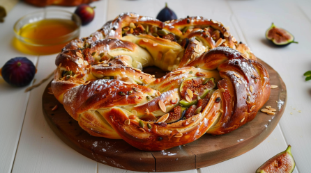 Hefekranz mit Feigen und Feta, serviert auf einem Brett. Darum liegen einige frische Feigen und ein Schälchen mit Honig.