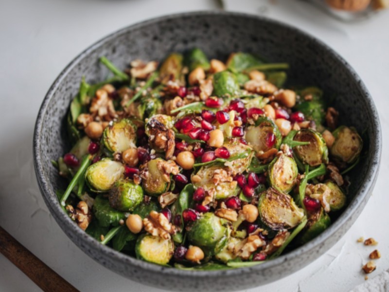 Eine Schüssel warmer Herbstsalat mit Rosenkohl und Senf-Dressing.