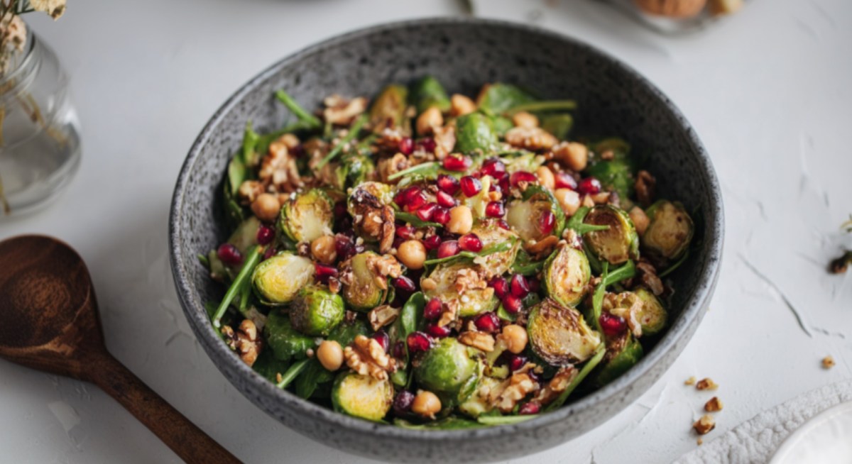 Eine Schüssel warmer Herbstsalat mit Rosenkohl und Senf-Dressing.