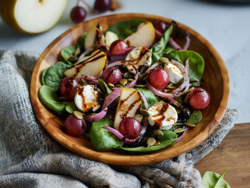 Eine Holzschüssel mit Herbstsalat mit Birne und Ziegenkäse. Im Hintergrund kann man eine Birne und einen Birnenschnitz erkennen sowie einige einzelne Trauben.