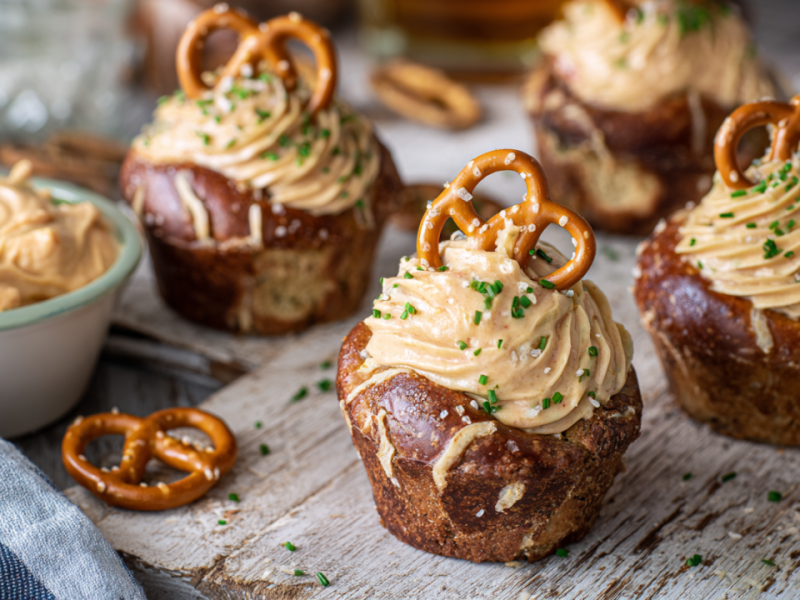 Vier herzhafte Brezel-Cupcakes auf eine hölzernen Unterlage. Links im Bild steht ein Schälchen mit Obazda. Davor liegt eine kleine Salzbrezel.