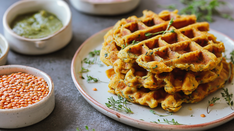 Ein Stapel herzhafte Linsenwaffeln auf einem hellen Teller.