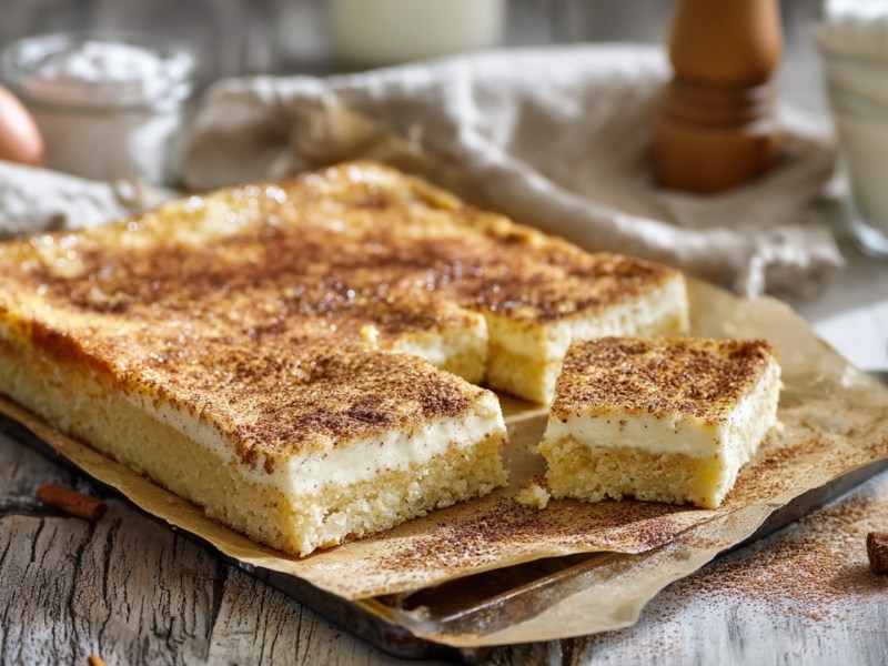 Ein hessischer Schmandkuchen vom Blech, der auf etwas Backpapier auf einem Holztisch platziert ist. Ringsum im Hintergrund kann man Backzutaten erkennen.