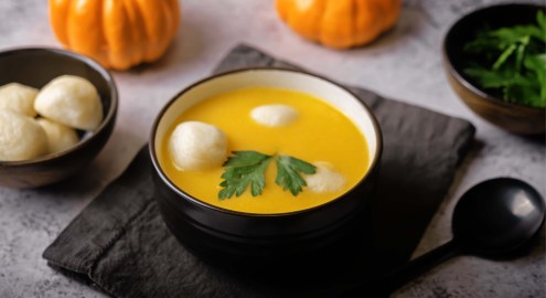 Eine Schüssel Hobakjuk, koreanischer Kürbisbrei.