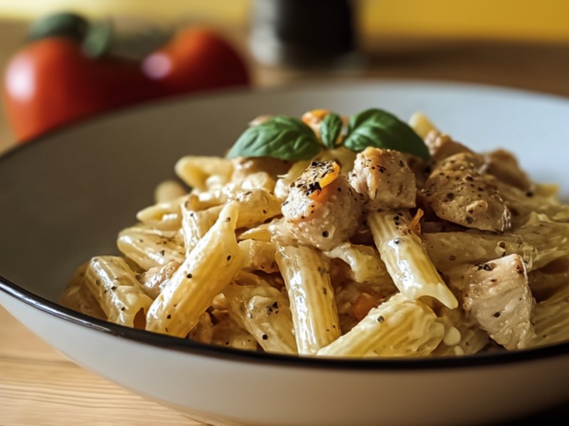 Ein Teller Honig-Pfeffer-Pasta mit Hähnchen, garniert mit Basilikum.